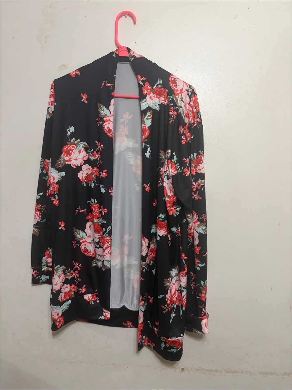 Black Floral Open-Front Cardigan with Red Rose Print